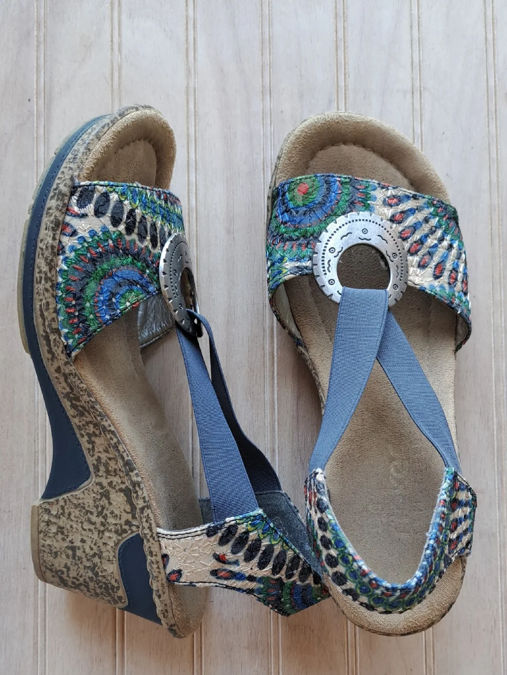 Rieker Antistress 624H6-91 Multi Print Elastic Wedge Comfort Sandals Embroidered